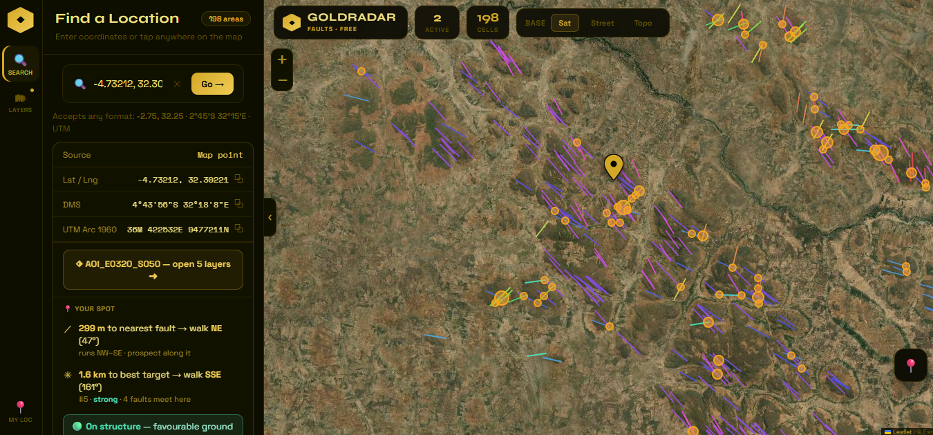 GoldRadar Faults showing fault lineaments and intersection targets derived from satellite DEM data over the Tanzania QDS grid